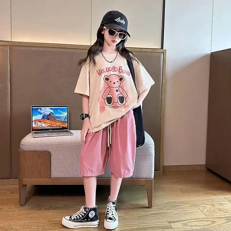Summer Teenage Girl Clothes Kid Cartoon Bear T-Shirts Shorts Suit Children Girls Letter Short Sleeve Top and Bottom 2 Pieces Set