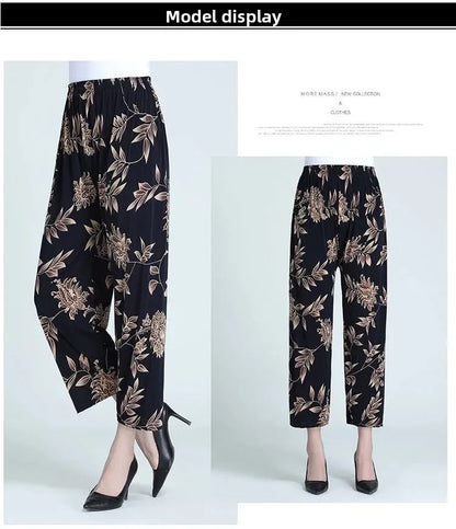 Summer Loose Ice Silk Women's Pants Elastic Waist Casual Bottoming Trousers Large Size Floral Print Comfortable Mom Pants