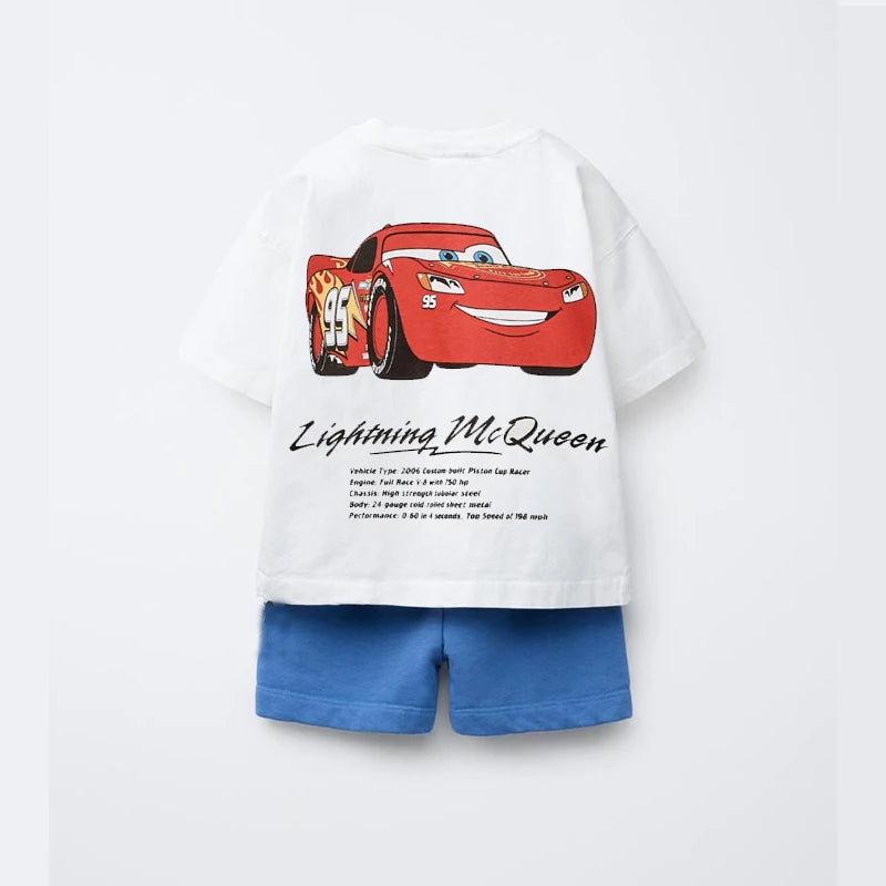 Cartoon Car Tshirt+shorts 2pcs Kids Boys Trendy Round Neck Tees Thin Casual Loose Shorts Short Sleeve Tracksuits For Children