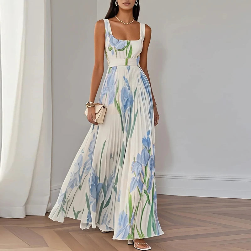 New Women's Sleeveless Straps Summer Dress Elegant Floral Print Pleated Long Dresses Spring Square Collar High Waist Party Dress