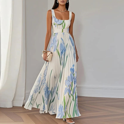 New Women's Sleeveless Straps Summer Dress Elegant Floral Print Pleated Long Dresses Spring Square Collar High Waist Party Dress