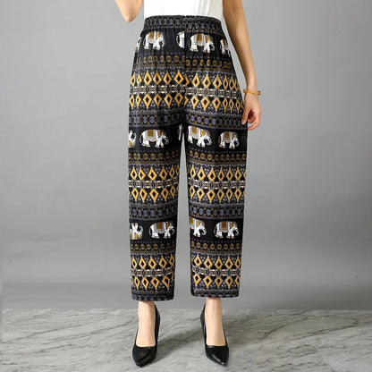 Summer Loose Ice Silk Women's Pants Elastic Waist Casual Bottoming Trousers Large Size Floral Print Comfortable Mom Pants