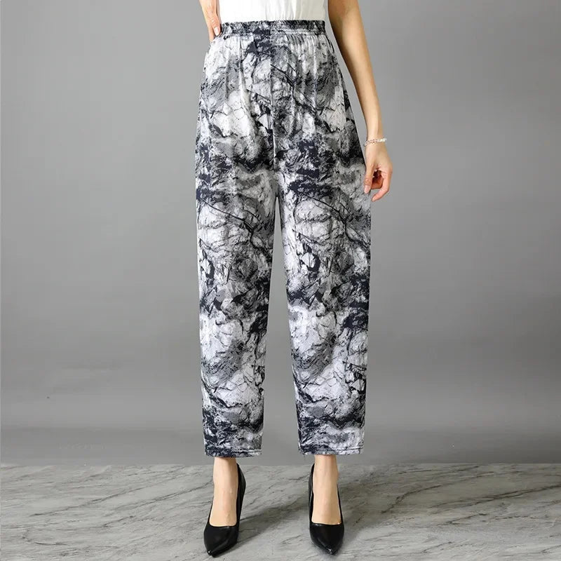 Summer Loose Ice Silk Women's Pants Elastic Waist Casual Bottoming Trousers Large Size Floral Print Comfortable Mom Pants