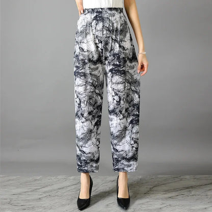 Summer Loose Ice Silk Women's Pants Elastic Waist Casual Bottoming Trousers Large Size Floral Print Comfortable Mom Pants