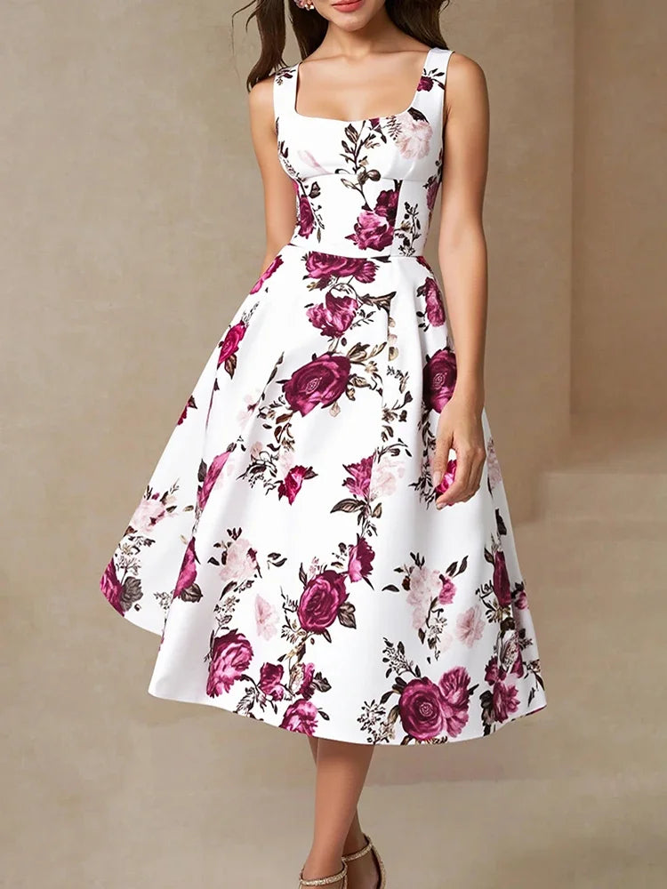 Rafiah Boutique Women's Summer Long Dresses Decent Fashion Floral A-Line Sleeveless Square Neck Shift Dresses