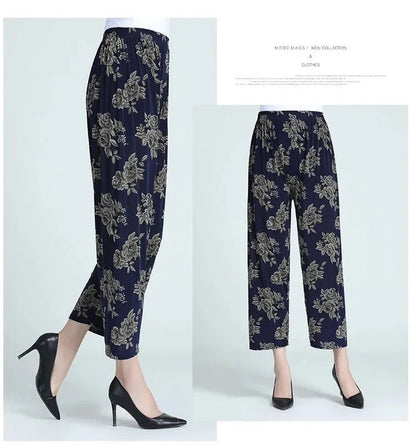 Summer Loose Ice Silk Women's Pants Elastic Waist Casual Bottoming Trousers Large Size Floral Print Comfortable Mom Pants