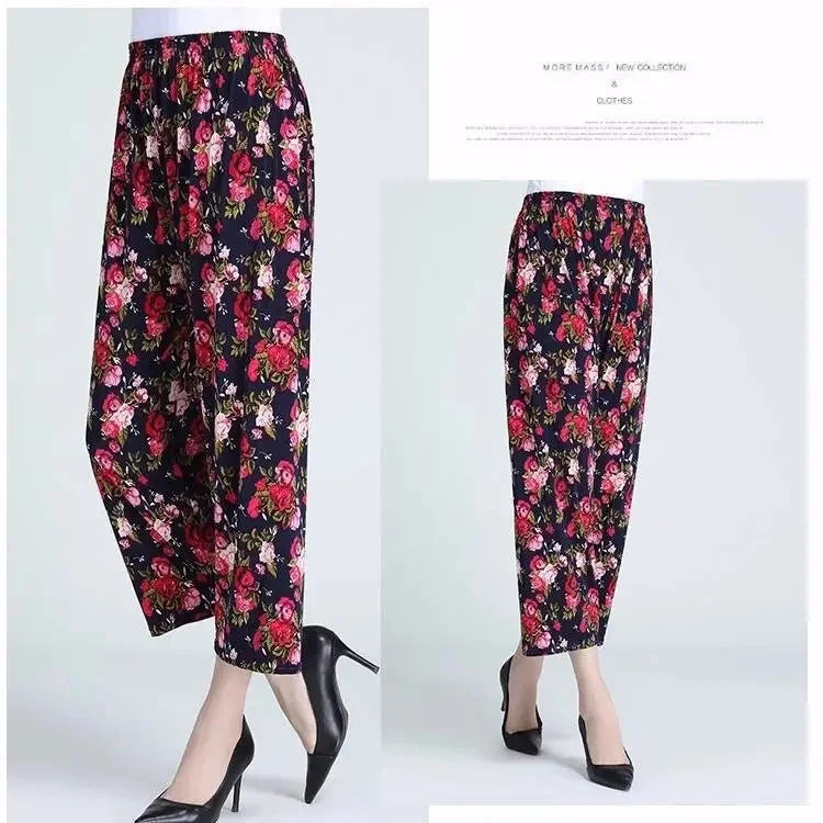 Summer Loose Ice Silk Women's Pants Elastic Waist Casual Bottoming Trousers Large Size Floral Print Comfortable Mom Pants