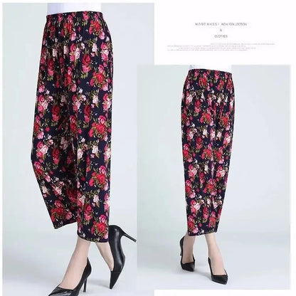 Summer Loose Ice Silk Women's Pants Elastic Waist Casual Bottoming Trousers Large Size Floral Print Comfortable Mom Pants