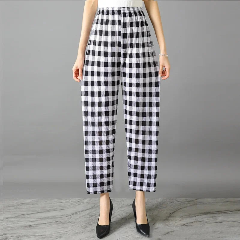 Summer Loose Ice Silk Women's Pants Elastic Waist Casual Bottoming Trousers Large Size Floral Print Comfortable Mom Pants