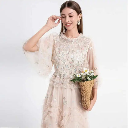 Runway Luxury Long Dresses Women 2025 Summer Holiday Embroidery Flower Ruffles Midi Party Evening Dress Lady Prom Vestidos