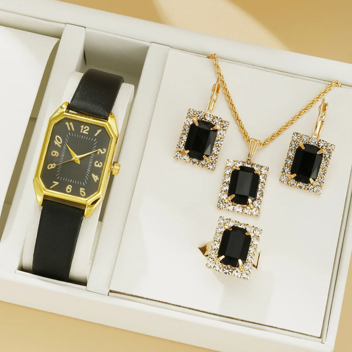 5/4/1PC Square Women Watches Set Leather Strap Ladies Quartz Wristwatch Ring Necklace Earrings Bracelet Jewelry Set Gift (No Box