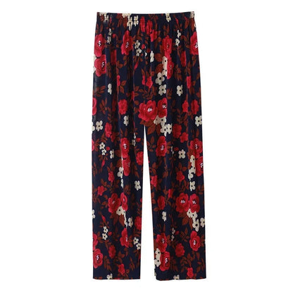 Summer Loose Ice Silk Women's Pants Elastic Waist Casual Bottoming Trousers Large Size Floral Print Comfortable Mom Pants