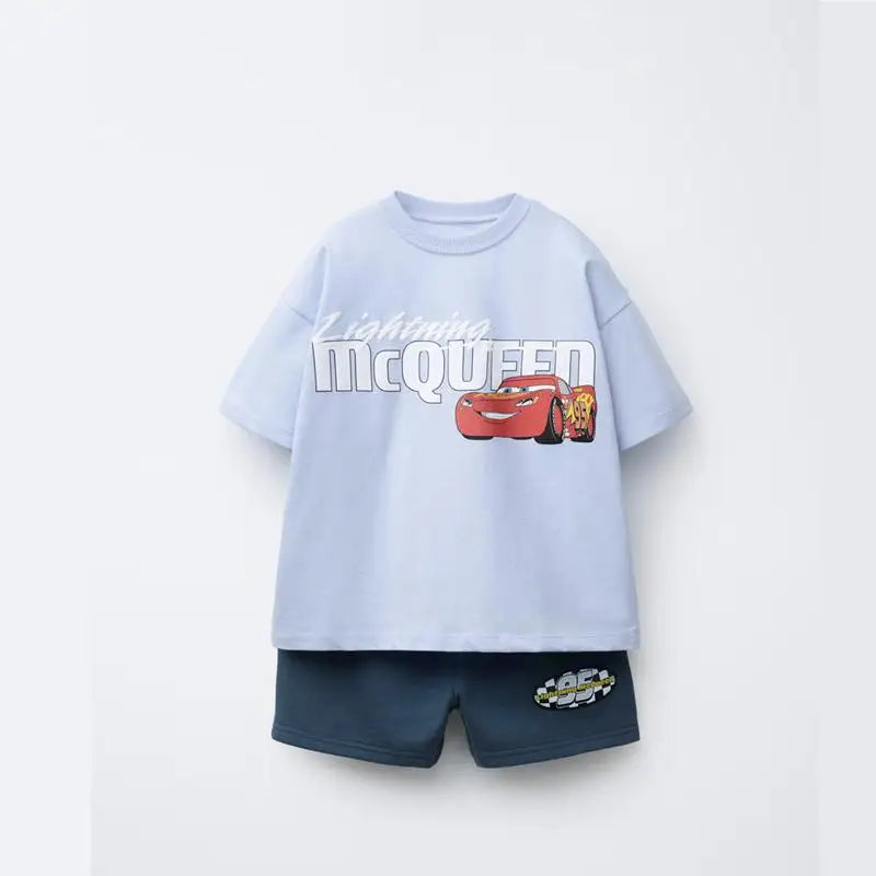 Cartoon Car Tshirt+shorts 2pcs Kids Boys Trendy Round Neck Tees Thin Casual Loose Shorts Short Sleeve Tracksuits For Children