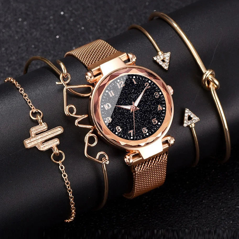 Ladies Starry Sky Round Dial Quartz Wristwatches 5pcs Set Women Fashion Casual Mesh Belt Watches Simple Dress Clock Girls Gift