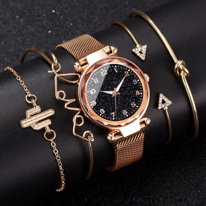 Ladies Starry Sky Round Dial Quartz Wristwatches 5pcs Set Women Fashion Casual Mesh Belt Watches Simple Dress Clock Girls Gift