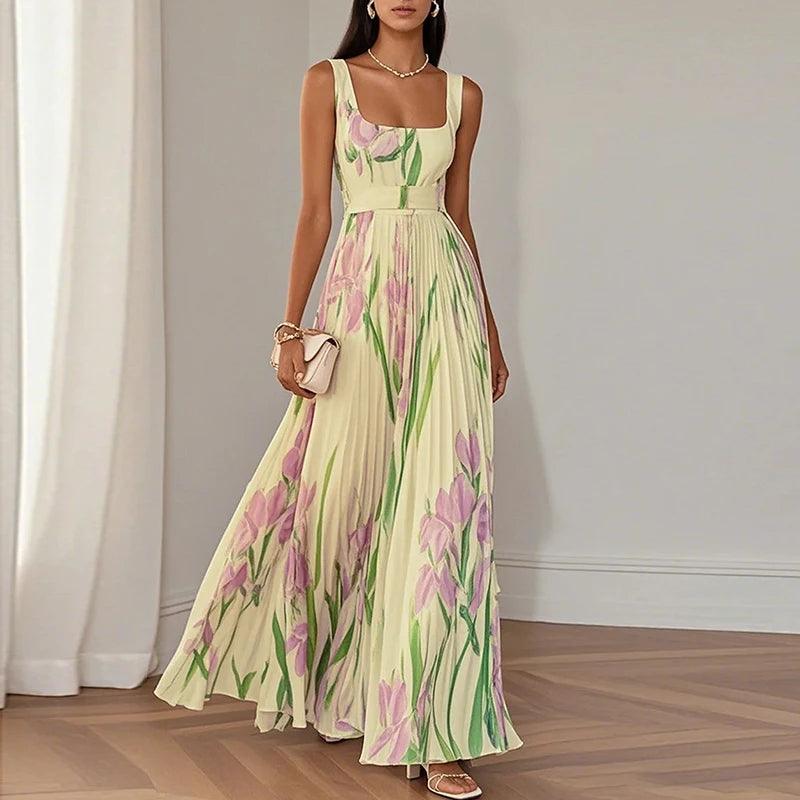New Women's Sleeveless Straps Summer Dress Elegant Floral Print Pleated Long Dresses Spring Square Collar High Waist Party Dress