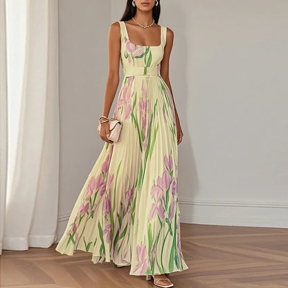 New Women's Sleeveless Straps Summer Dress Elegant Floral Print Pleated Long Dresses Spring Square Collar High Waist Party Dress