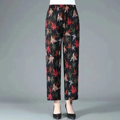 Summer Loose Ice Silk Women's Pants Elastic Waist Casual Bottoming Trousers Large Size Floral Print Comfortable Mom Pants
