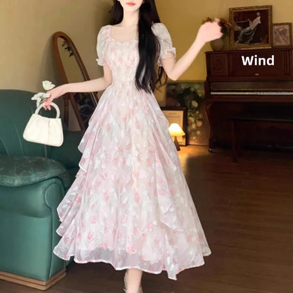 Romantic Floral Chiffon Dress Women's Summer Large Size Waist-Cinching Slimming Fairy Long Dress French Style Square Collar