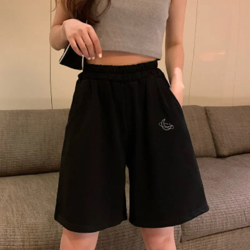 Women's Loose Waist Embroidered Shorts Summer High Waist Wide Leg Casual Five-Quarter Pants Fashionable Korean Style