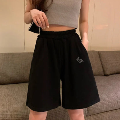 Women's Loose Waist Embroidered Shorts Summer High Waist Wide Leg Casual Five-Quarter Pants Fashionable Korean Style