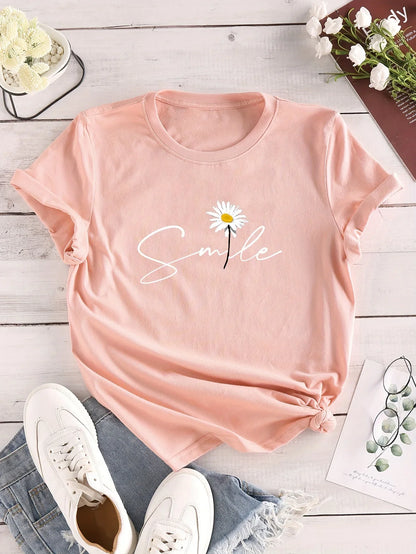 Flower & Letter Print Crew Neck T-Shirt, Casual Short Sleeve T-Shirt For Spring & Summer, Women's Clothing