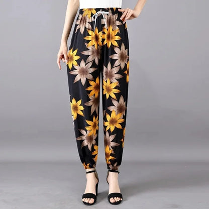 Summer Loose Ice Silk Women's Pants Elastic Waist Casual Bottoming Trousers Large Size Floral Print Comfortable Mom Pants