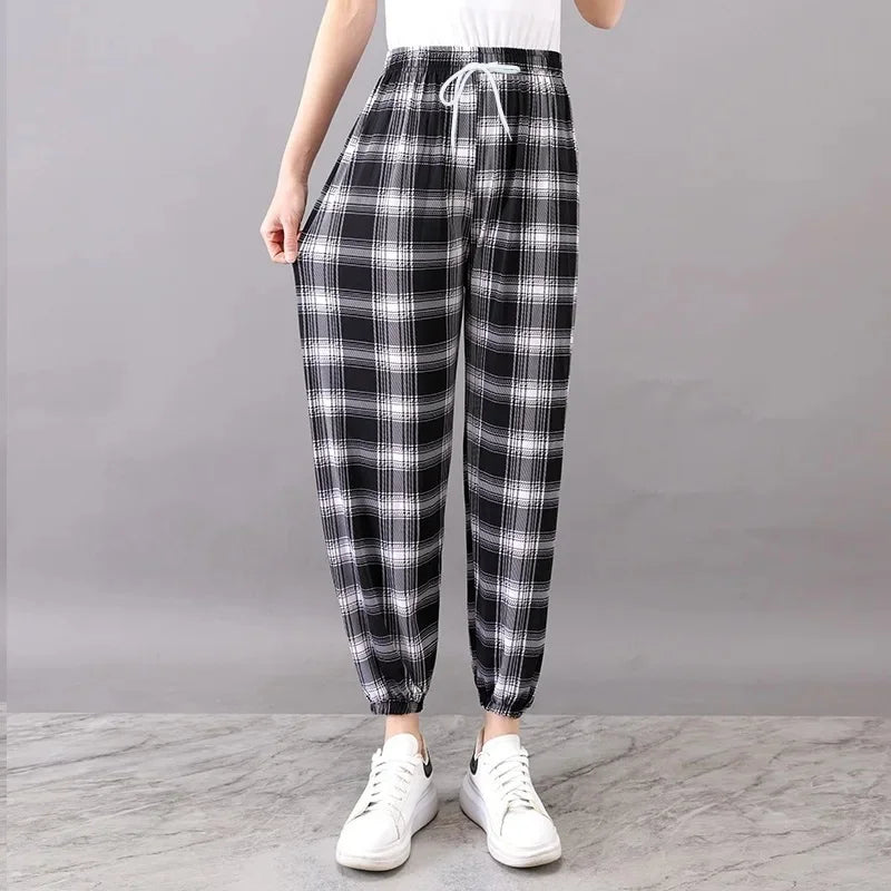 Summer Loose Ice Silk Women's Pants Elastic Waist Casual Bottoming Trousers Large Size Floral Print Comfortable Mom Pants