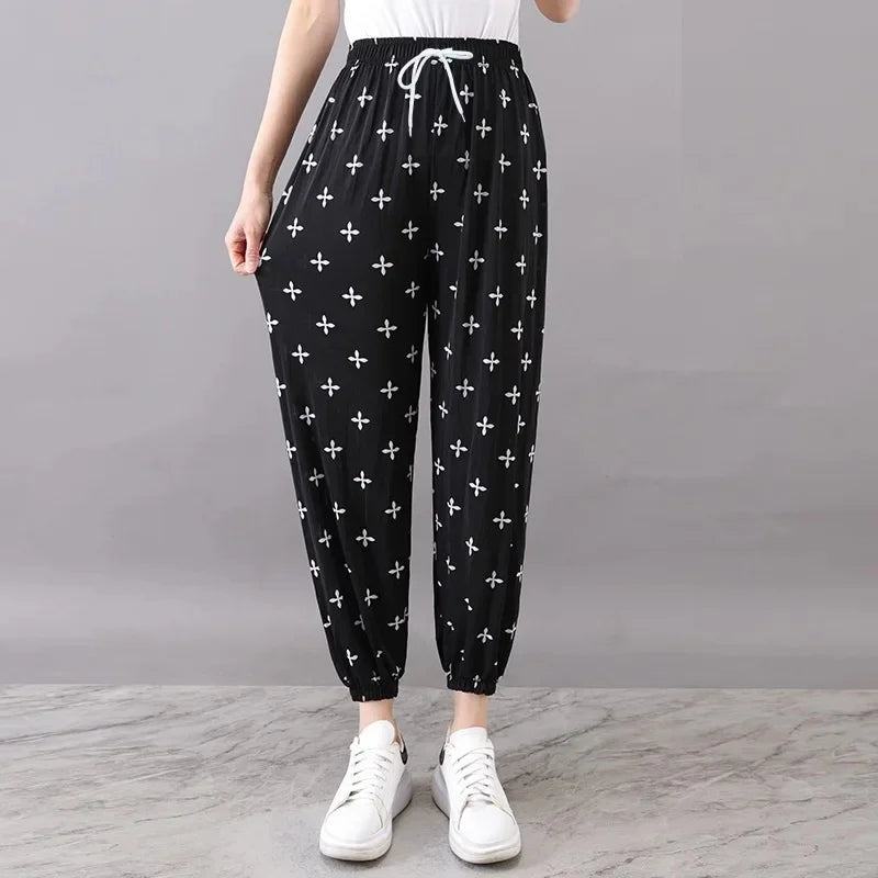 Summer Loose Ice Silk Women's Pants Elastic Waist Casual Bottoming Trousers Large Size Floral Print Comfortable Mom Pants