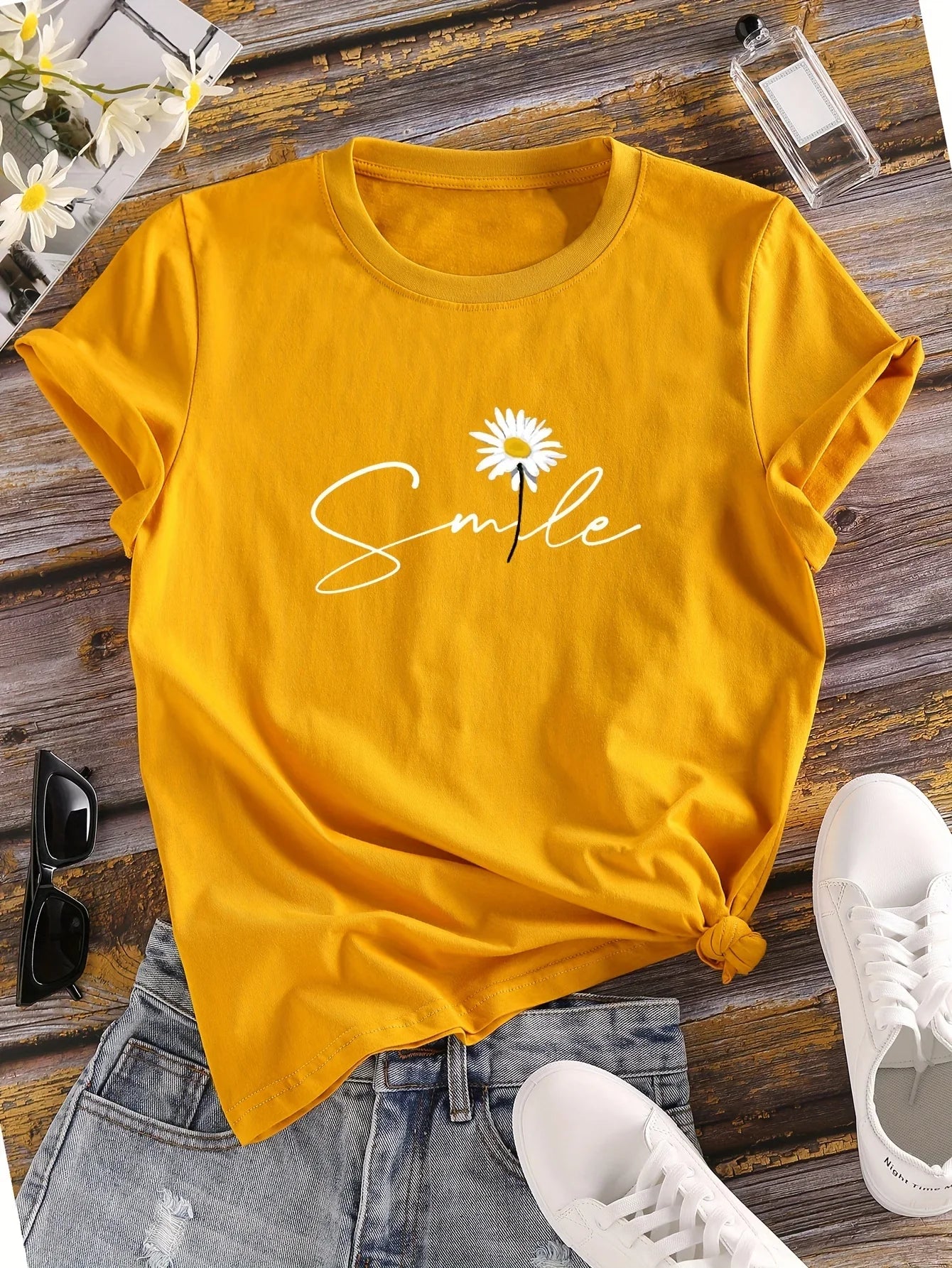 Flower & Letter Print Crew Neck T-Shirt, Casual Short Sleeve T-Shirt For Spring & Summer, Women's Clothing