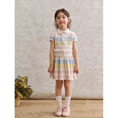 Girls Summer Dress Children's Stripe Short Sleeve Princess Skirt Set Casual Thin Material New 2025 Fashionable Kids Outfit
