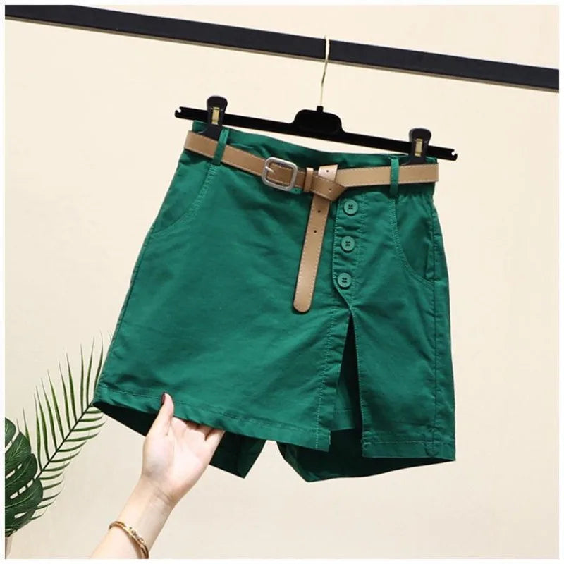 Shorts Women 2025 New belt cotton summer solid color button high-waisted double-deck Women's Shorts clothing