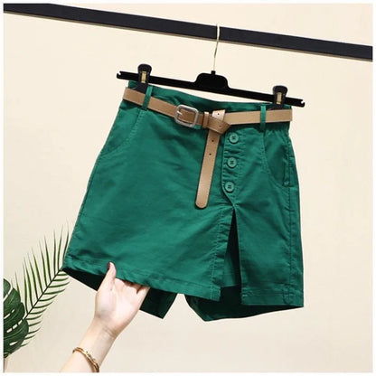 Shorts Women 2025 New belt cotton summer solid color button high-waisted double-deck Women's Shorts clothing