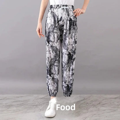 Summer Loose Ice Silk Women's Pants Elastic Waist Casual Bottoming Trousers Large Size Floral Print Comfortable Mom Pants