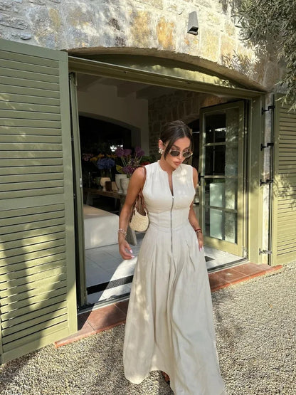 Women Elegant O Neck Bodycon Vestidos 2024 Summer New Office Ladies Party Robes Fashion Sleeveless High Waist Zipper Maxi Dress