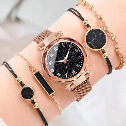 Ladies Starry Sky Round Dial Quartz Wristwatches 5pcs Set Women Fashion Casual Mesh Belt Watches Simple Dress Clock Girls Gift