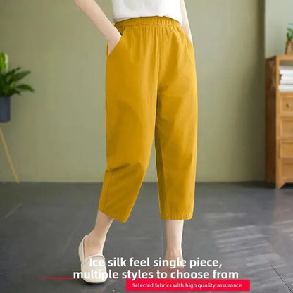 High Waist Ice Silk Sports Seven-Five Pants Casual Wide Leg Women's plus Size Loose Fit Summer Trousers Korean Style