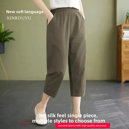 High Waist Ice Silk Sports Seven-Five Pants Casual Wide Leg Women's plus Size Loose Fit Summer Trousers Korean Style
