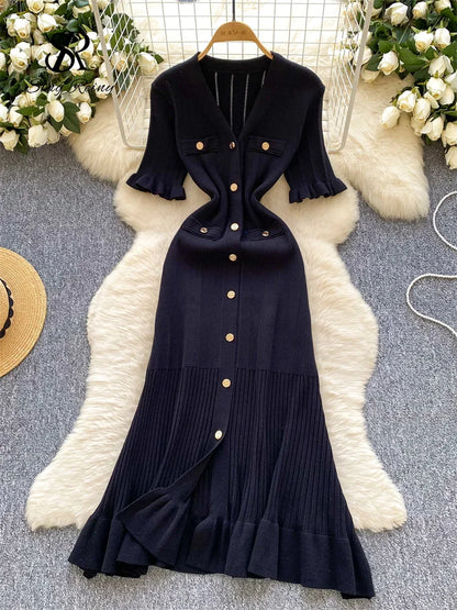 SINGREINY Summer OL Knit Dress 2025 Women V Neck Button Design Slim Mermaid Sundress Fashion Elastic Solid Bohemian Long Dress