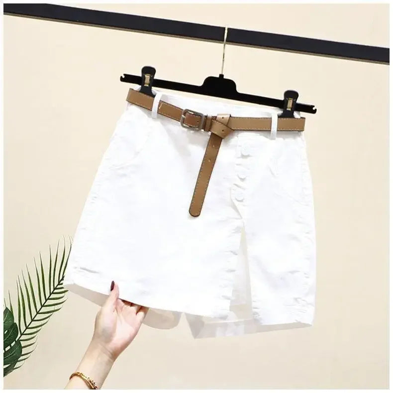 Shorts Women 2025 New belt cotton summer solid color button high-waisted double-deck Women's Shorts clothing