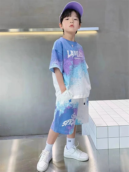 Boys Loose Casual Sets Summer Teen Gradient T-shirts+Shorts 2Pcs Big Kids Sport Short Sleeve Clothes Suits Children Print Outfit