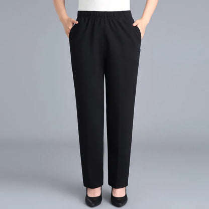 Black Cotton Middle-aged Mother Trousers New Loose Elastic Waist Casual Pants Spring Autumn Loose Solid Women's Straight Pants