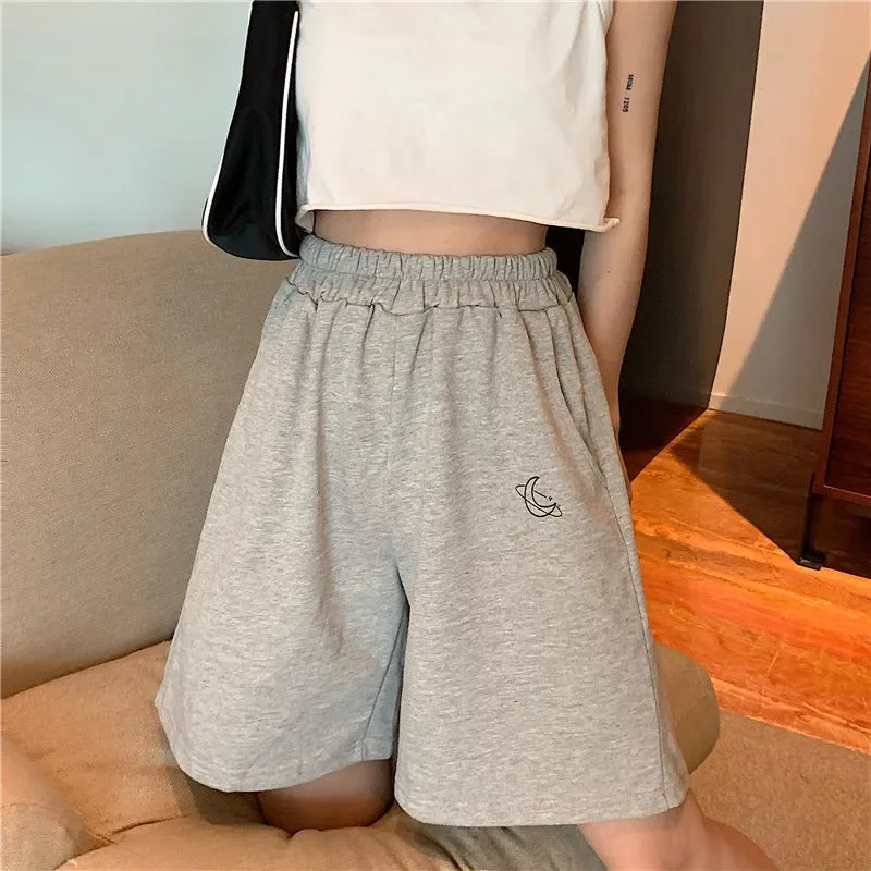 Women's Loose Waist Embroidered Shorts Summer High Waist Wide Leg Casual Five-Quarter Pants Fashionable Korean Style