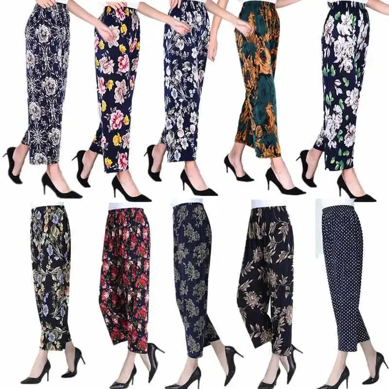Summer Loose Ice Silk Women's Pants Elastic Waist Casual Bottoming Trousers Large Size Floral Print Comfortable Mom Pants