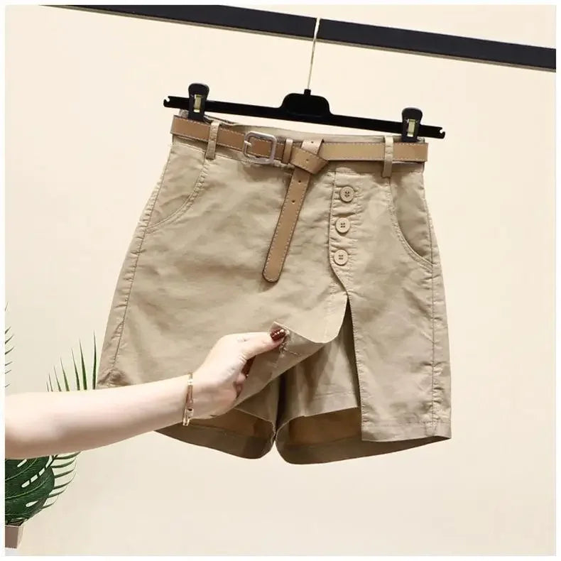 Shorts Women 2025 New belt cotton summer solid color button high-waisted double-deck Women's Shorts clothing