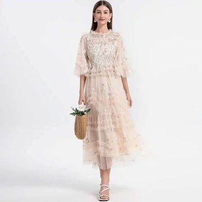 Runway Luxury Long Dresses Women 2025 Summer Holiday Embroidery Flower Ruffles Midi Party Evening Dress Lady Prom Vestidos