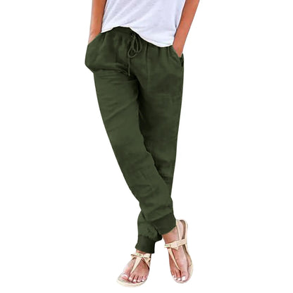 Casual Cotton Linen Pants For Women Drawstring Back Elastic Waist Casual Pants With Pockets Plus Size Solid Color Harem Trousers