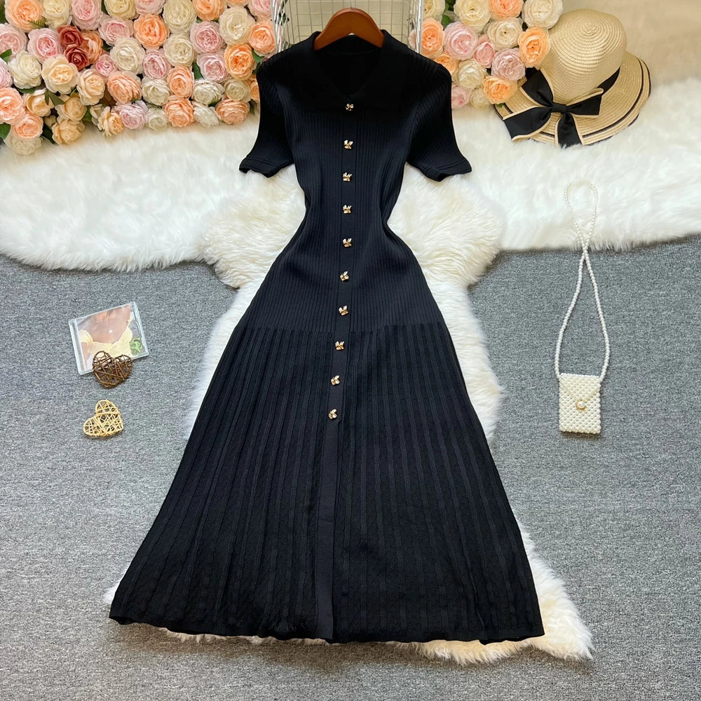 YuooMuoo Brand Fashion Elegant Patchwork Knitted Long Dress Spring Summer Women Luxury Shirt Sweater Dress Lady Party Vestido