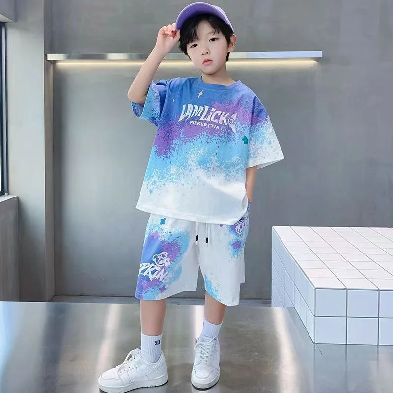 Boys Loose Casual Sets Summer Teen Gradient T-shirts+Shorts 2Pcs Big Kids Sport Short Sleeve Clothes Suits Children Print Outfit