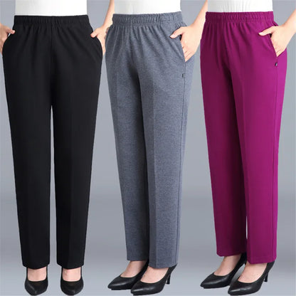 Black Cotton Middle-aged Mother Trousers New Loose Elastic Waist Casual Pants Spring Autumn Loose Solid Women's Straight Pants
